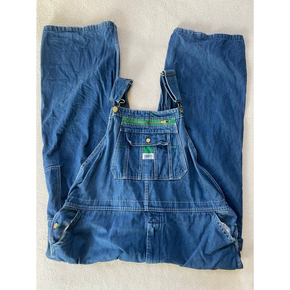 Liberty Mens 48x30 Overalls Blue Denim Bib Workwear Green Zipper Z400013